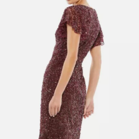 MAC DUGGAL 10801 SEQUINED FLUTTER V-NECK CAP SLEEVE TRUMPET BUGUNDY MIDI DRESS 6 - Picture 3 of 5